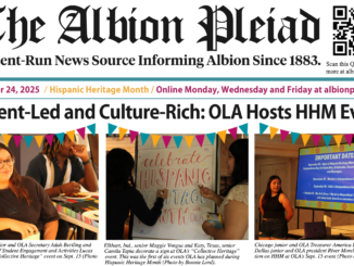 The front page of a newspaper, the top text reading "The Albion Pleiad" above the feature story, which shows three photos and a body of text under a headline. The headline reads: "Student-Led and Culture-Rich: OLA Hosts HHM Events."